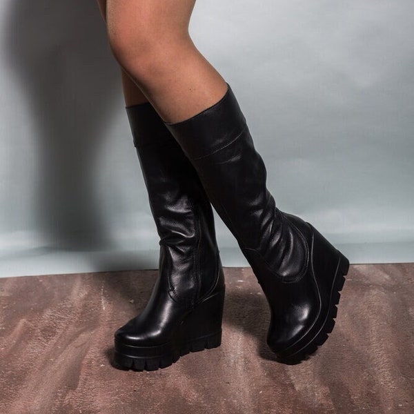 Black Platform Boots, Black Leather High Boots, High Platform Leather Shoes, Woman Black Genuine Leather Boots, Winter Boots, Long Boots
