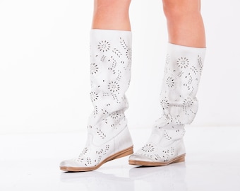 Echtes Leder Sommer Stiefel,Frau Sommer Stiefel,Echtes Leder Atmungsaktive Sandale Stiefel,Elegante Urban Cowgirl Stiefel,Laser Cut Out Perforiert