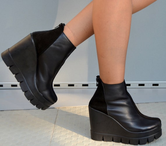 Botas de cuero genuino negro zapatos de cuero de plataforma alta