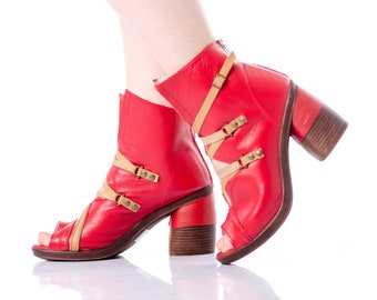 Elegant genuine leather ankle boots, woman red open toe sandal boots, fashion straps shoes