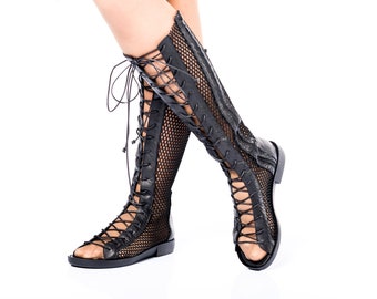 Woman leather sandal boots, gladiator knee lace summer boots, boho black sandals, leather summer boots, extravagant leather summer boots