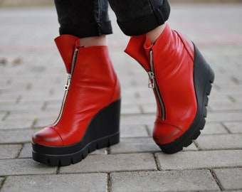 Extravagant Red Genuine Leather Boots, High Platform Leather Shoes, Woman  Genuine Leather Elegant  Boots, Winter Boots for Women, Red Boots