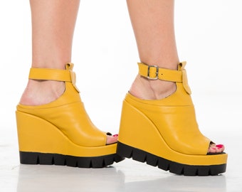 Bottes d'été en cuir véritable pour femmes,Bottes d'été jaunes,Bottes à talons ouverts pour femmes,Bottes d'été sur plateforme,Cuir véritable,Bottes jaunes