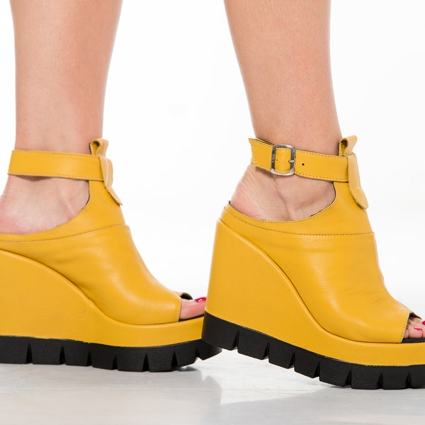 Women Genuine Leather Summer Boots,Yellow Summer Ankle Boots,Women's Open Heel Boots,Summer Boots on a Platform,Genuine Leather,Yellow boots