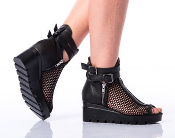 Botas sandalias de cuero hechas a mano, botines de cuero genuino mujer, sandalias de plataforma, botines transparentes de cuero de encaje negro de mujer, primavera
