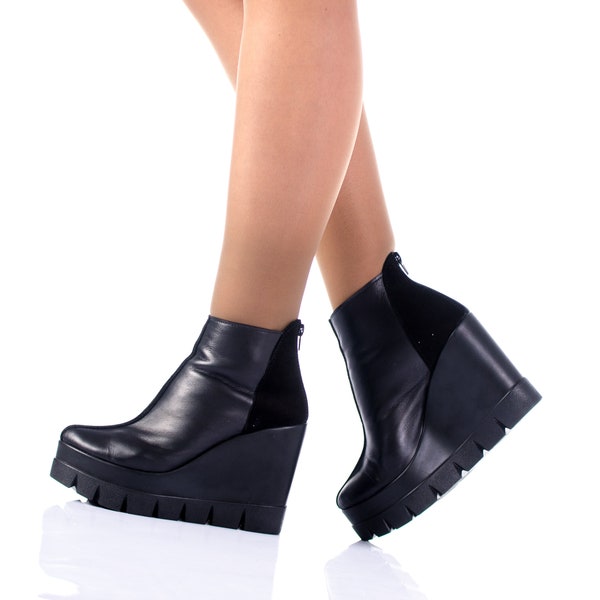 Bottes en cuir véritable noir, chaussures en cuir à plateforme haute, bottines élégantes en cuir véritable noir femme, chaussures à talons hauts printemps automne,