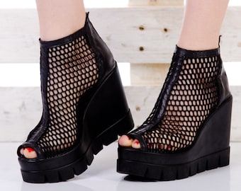 Black Genuine Leather  Boots, Women High Platform Leather Sandals, Woman Black Lace Leather Sheer Ankle Boots, Spring Summer Sandal Boots,