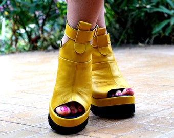 Bottes d'été en cuir véritable pour femmes,Bottes d'été jaunes,Bottes à talons ouverts pour femmes,Bottes d'été sur plateforme,Cuir véritable,Bottes jaunes