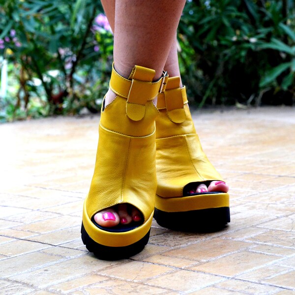 Women Genuine Leather Summer Boots,Yellow Summer Ankle Boots,Women's Open Heel Boots,Summer Boots on a Platform,Genuine Leather,Yellow boots