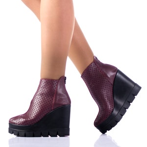 Women Genuine Leather Summer Boots,Burgundy Color Summer Ankle Boots,Summer Boots on a Platform with Gently Perforated Genuine Leather