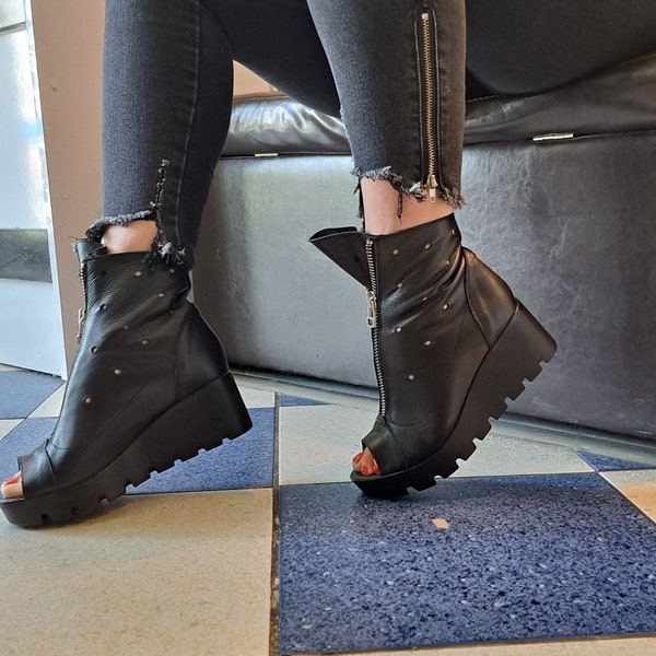 Leather Platform Sandals, Zipper Open Toe Summer Shoes,Spring Ankle Boots, Extravagant Grunge Punk Shoes,Women Genuine Leather Summer Boots,
