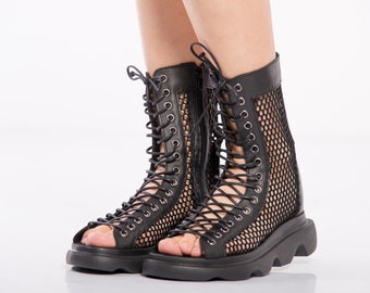 Schwarze Sandalen Stiefel, gothic echtes Leder umweltfreundliche Frau Sommer Schuhe, Schnürsenkel schiere atmungsaktive offene Zehe Schuhe