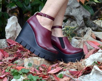 Women Genuine Leather Summer Boots,Red Wine Summer Boots,Women's Open Heel Boots,Summer Boots on a Platform,Genuine Leather,Red boots