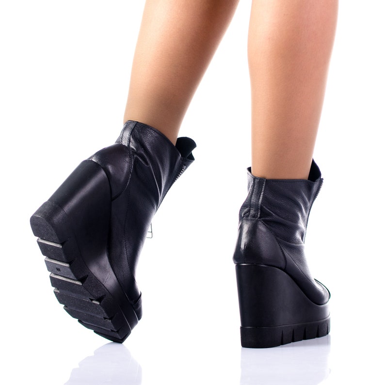 High platform leather shoes, woman black genuine leather elegant ankle boots, fall spring high heel shoes, Black genuine leather boots image 7