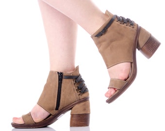 Elegant Natural Suede Boots Women's Open Toe Sandals Fashion Strappy Shoes