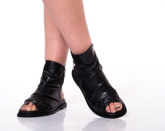 Zwarte lederen elegante enkellaarzen voor dames, platformzomerlaarzen met twee ritsen, herfst-lente schoenen met hoge hak, zwarte sandalen voor dames