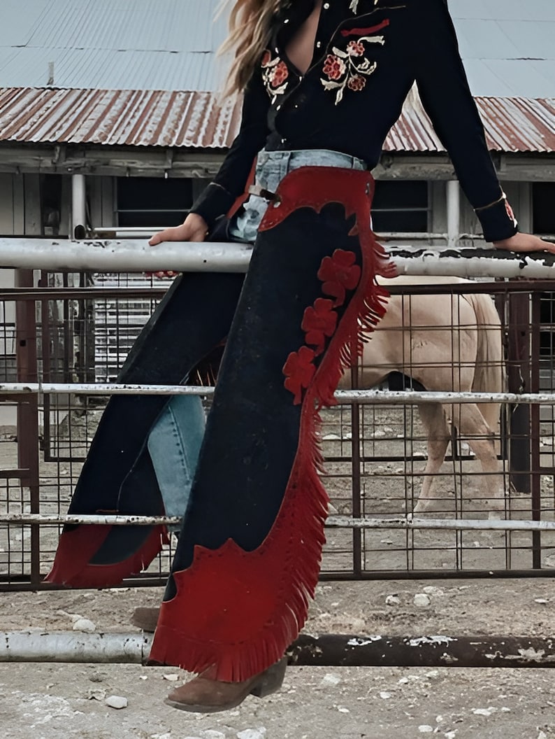Handmade Cowgirl Chap Suede Leather Chap Black & Red Ladies Pant Rodeo