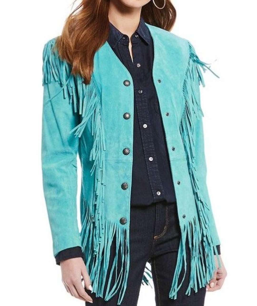 Ladies Vintage Fringe Leather Jacket Hand Made Blue Torquise Etsy