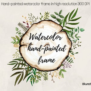 1 Handpainted Watercolor Green leaves Frame on Wood Clipart Organic PNG Forest themed Frame Digital Clip Art, Commercial Use, DIY projects