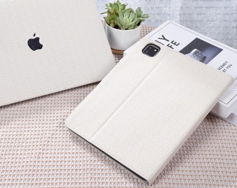 Cream Braided Leather iPad Case with Pencil Holder for iPad 10/9/8, 10.2"11"12.9",iPad Air 5 Case, iPad Air 4 Mini 6 5 4 iPad 2022 Pro Cover