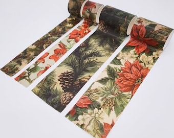 Botanical Washi Tape Winter | Christmas Washi Tape Set| Retro Wide Washi Tape Lot|Holly Amaryllis Fir Poinsettia Washi Tape for Scrapbooking