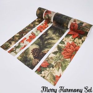 Taśma washi botaniczna zimowa | Zestaw taśm washi bożonarodzeniowych | Zestaw szerokich taśm washi retro | Taśma washi z motywem jodły i poinsecji Holly Amaryllis do scrapbookingu