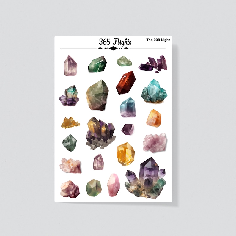 May include: A sticker sheet titled 365 Nights The 008 Night featuring a collection of twenty-two individual watercolor-style illustrations of various crystals and mineral clusters in shades of purple, green, orange, red, pink, and clear white.