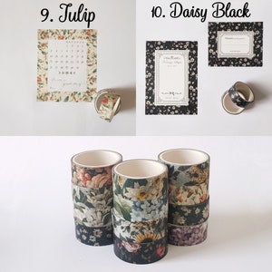 May include: A collection of decorative washi tape rolls featuring various floral patterns, including tulip and daisy designs. The set includes rectangular paper sheets with printed calendars and vintage-style labels, showcasing botanical illustrations.