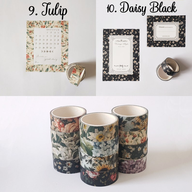 May include: A collection of decorative washi tape rolls featuring various floral patterns, including tulip and daisy designs. The set includes rectangular paper sheets with printed calendars and vintage-style labels, showcasing botanical illustrations.