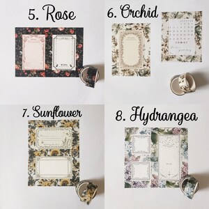 May include: Four sets of floral stationery featuring Rose, Orchid, Sunflower, and Hydrangea patterns. Each set includes decorative paper sheets with printed frames, text, and matching rolls of adhesive tape. The designs display botanical illustrations in various color palettes, including dark red, cream, yellow, and blue tones.
