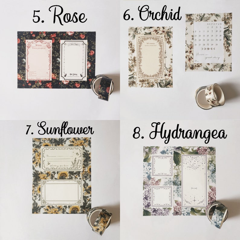 May include: Four sets of floral stationery featuring Rose, Orchid, Sunflower, and Hydrangea patterns. Each set includes decorative paper sheets with printed frames, text, and matching rolls of adhesive tape. The designs display botanical illustrations in various color palettes, including dark red, cream, yellow, and blue tones.