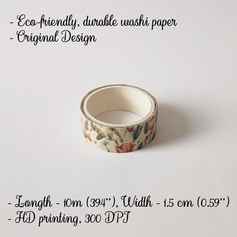 May include: A roll of washi paper tape featuring a floral pattern with red, orange, and green botanical illustrations. The text states: Eco-friendly, durable washi paper, Original Design, Length - 10m (394"), Width - 1.5 cm (0.59"), HD printing, 300 DPI.
