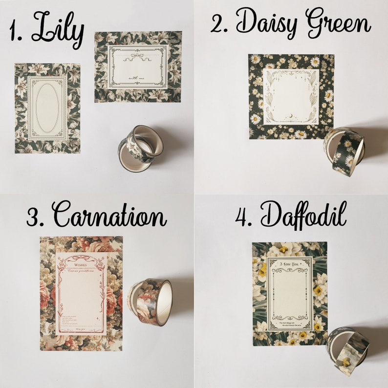 May include: Four sets of floral stationery featuring Lily, Daisy Green, Carnation, and Daffodil designs. Each set includes a rectangular paper sheet with a central frame and a matching roll of decorative tape. The designs display botanical patterns.