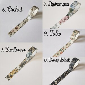 May include: Five rolls of decorative adhesive tape featuring floral patterns labeled 6. Orchid, 7. Sunflower, 8. Hydrangea, 9. Tulip, and 10. Daisy Black. Each roll displays a unique botanical print with distinct color palettes including yellow, pink, blue, and black.