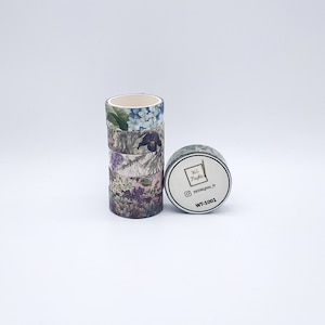 May include: A stack of four rolls of decorative washi tape featuring various floral and botanical patterns in shades of blue, purple, and green, alongside one roll showing a white label with the text 365 Nights, 365Nights_fr, and WT-1001.