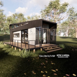 Tiny House Design - 9,5m x 3,0m - Modulair huis - Plattegrond voor een klein huis - Modern Tiny House - Tuinhuis - Architectuurtekening - Cabine