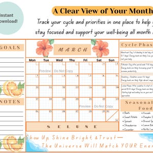 May include: A printable calendar for March with a floral design and a section for tracking your cycle phases and seasonal foods. The calendar has a peach background with orange grid lines and a section for goals and notes.