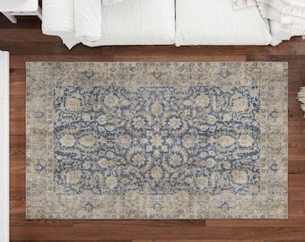 Blue Vintage Rug, Turkish Style Area Rug with Floral and Medallion Pattern, Stylish Home Decor, Custom Tufted Rug, Personalized Area Carpet