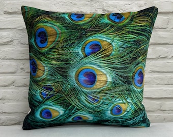 Feather Cushion Cover, Colorful Feather Pillow Cover, Colorful Peacock Feather Cushion, Animal Pillow Case, Green Pillow, Luxury Pillow,