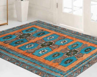 Orange and Blue Rugs, Orange Rugs, Blue Rugs, Boho Rug, Turkish Rug, Hallway Rug, Luxury Rug, Runner Rug, Gift For Him, Pet Friendly Rug,