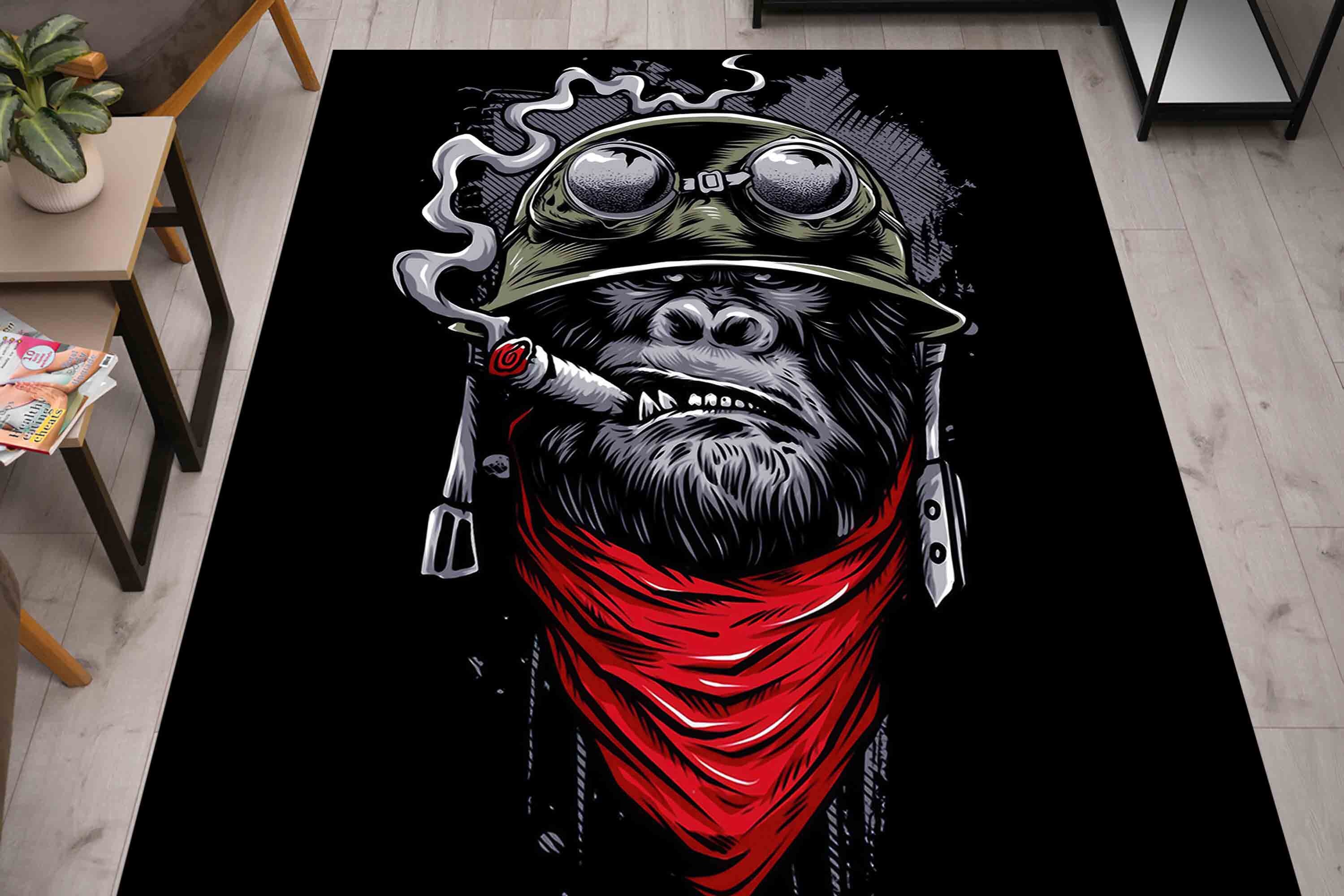 Red Monkey Rug Smoking Chimp Rug, Chimp Rug, Man Cave Rugs, Modern Rug, Saloon Rug ...