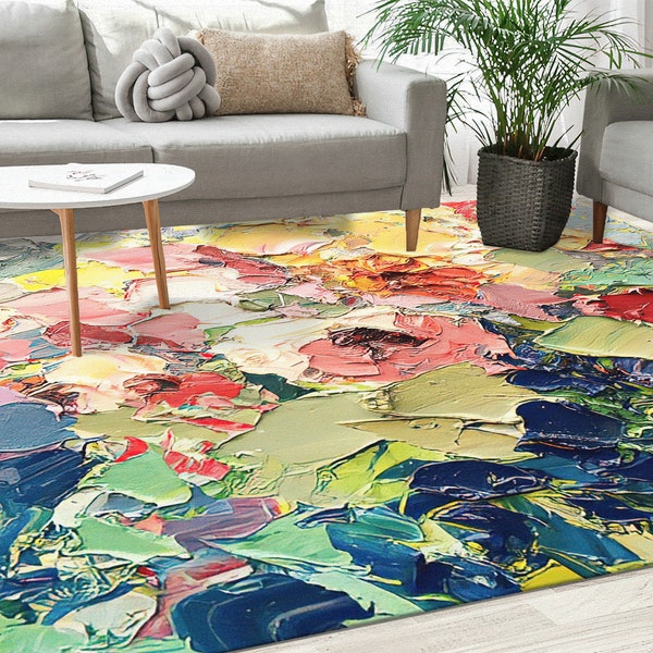 Abstract Colorful Flower Rugs, Acrylic Rugs, Colorful Abstract Rugs, Modern Rug, Colorful Rug, Pattern Rug, Dining Room Rug, Small Rug,