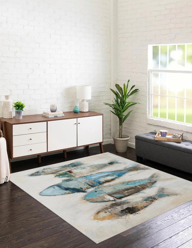 Fish Painting Print Rug, Modern Rug, Fish Rugs, Animal Rugs, Art Rug ...