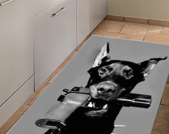 Salon Rug, Home Decor Rug, Man Cave Rug, Housewarming Gift, Animal Rugs, Dog Lover Rugs, Black Dog And Gun Rugs, Bath Rug, Customs Rug,