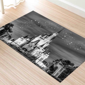Puede incluir: Fotografía en blanco y negro del Castillo de Cenicienta en Walt Disney World. El castillo está iluminado con luces brillantes contra un cielo oscuro.
