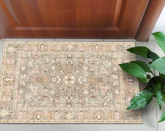 Classic Distressed Medallion Rug, Elegant Pastel Oriental Living Room Carpet, Luxury Muted Tone Floor Decor, Vintage Style Soft Area Mat