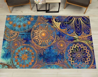 Blue Golden Mandala Rugs, Abstract Rug, Gold Rug, Modern Rugs, Front Door Rug, Blue Rug, Anti-Slip Carpet, Customs Rug, 3D Printed Rug,