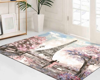 Entry Rug, Bathroom Rug, Car Mat, Personalized Gifts, Landscape Rug, Landmark Rug, Eiffel Tower and Romantic Couple Rugs, Pet Friendly Rug,