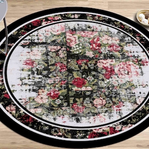 Floral Pattern Rug, Black Rug, Modern Rugs, Flower Rugs, Area Rug, Machine Washable Rug, Cool Rug, Round Rug, Salon Rug, Floral Rug,
