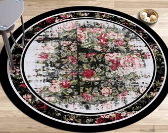 Floral Pattern Rug, Black Rug, Modern Rugs, Flower Rugs, Area Rug, Machine Washable Rug, Cool Rug, Round Rug, Salon Rug, Floral Rug,